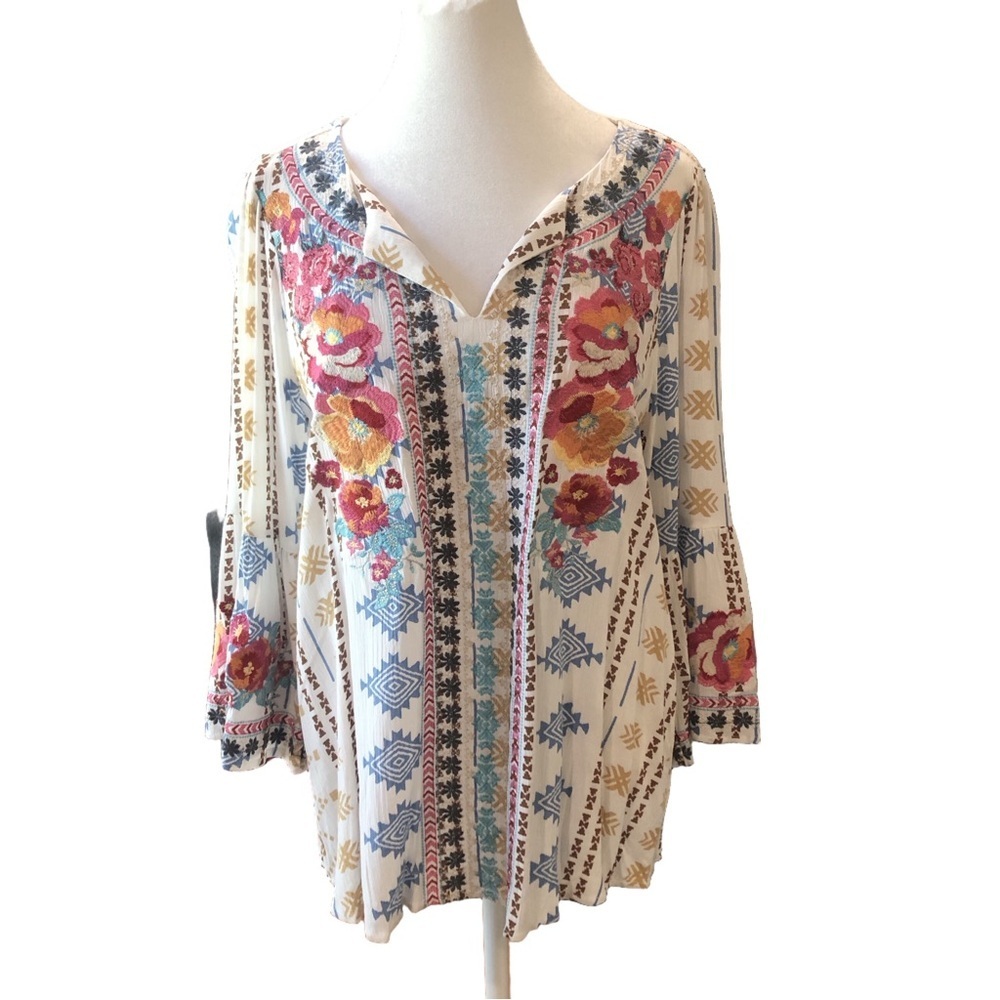 Colorful embroidered pullover top  Size S. Bells cuff sleeves. Lightweight boho